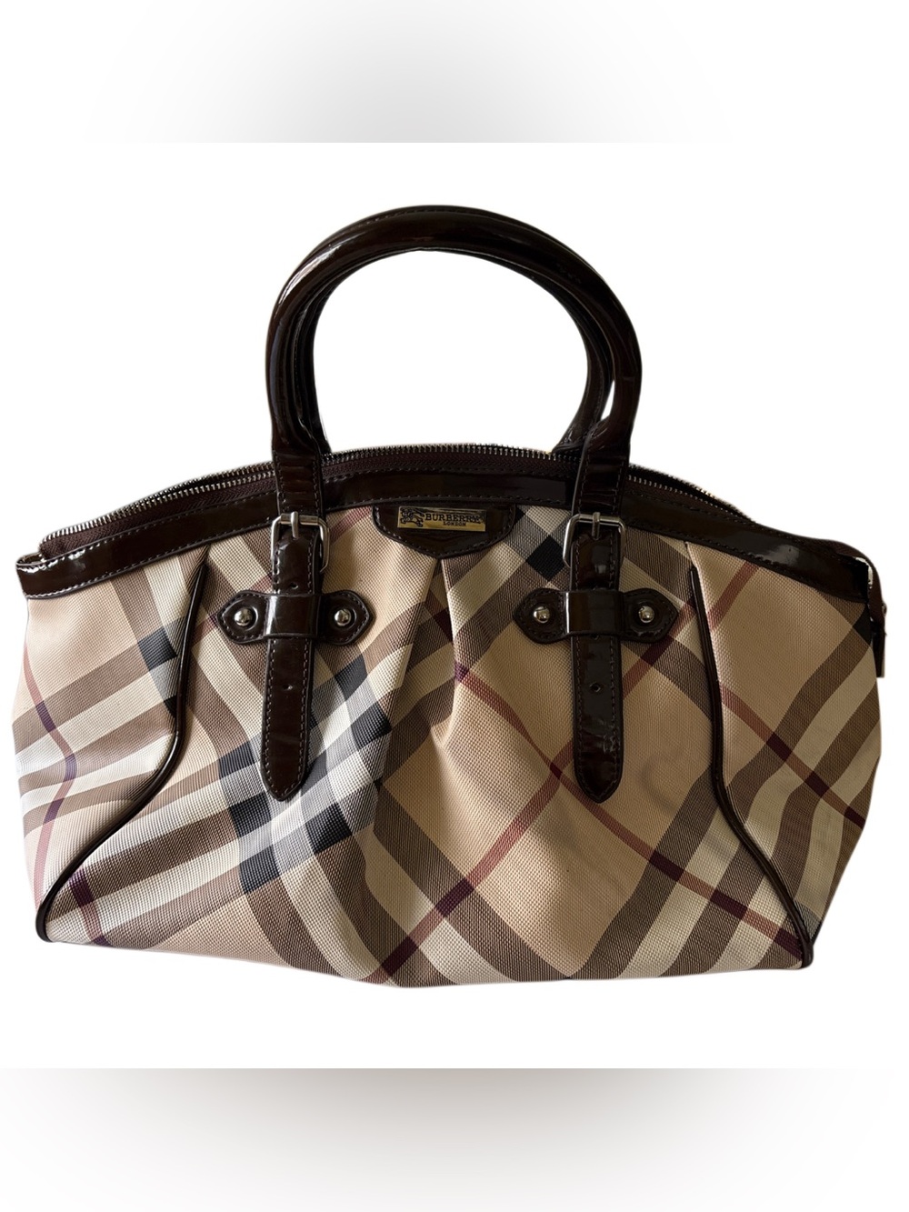 Burberry Nova Check Tan and Brown Plaid Tote with Dark Brown Leather Trim